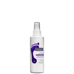 White spray bottle with a purple footprint logo and Footlogix branding, labeled callus softener spray (pedicure product).