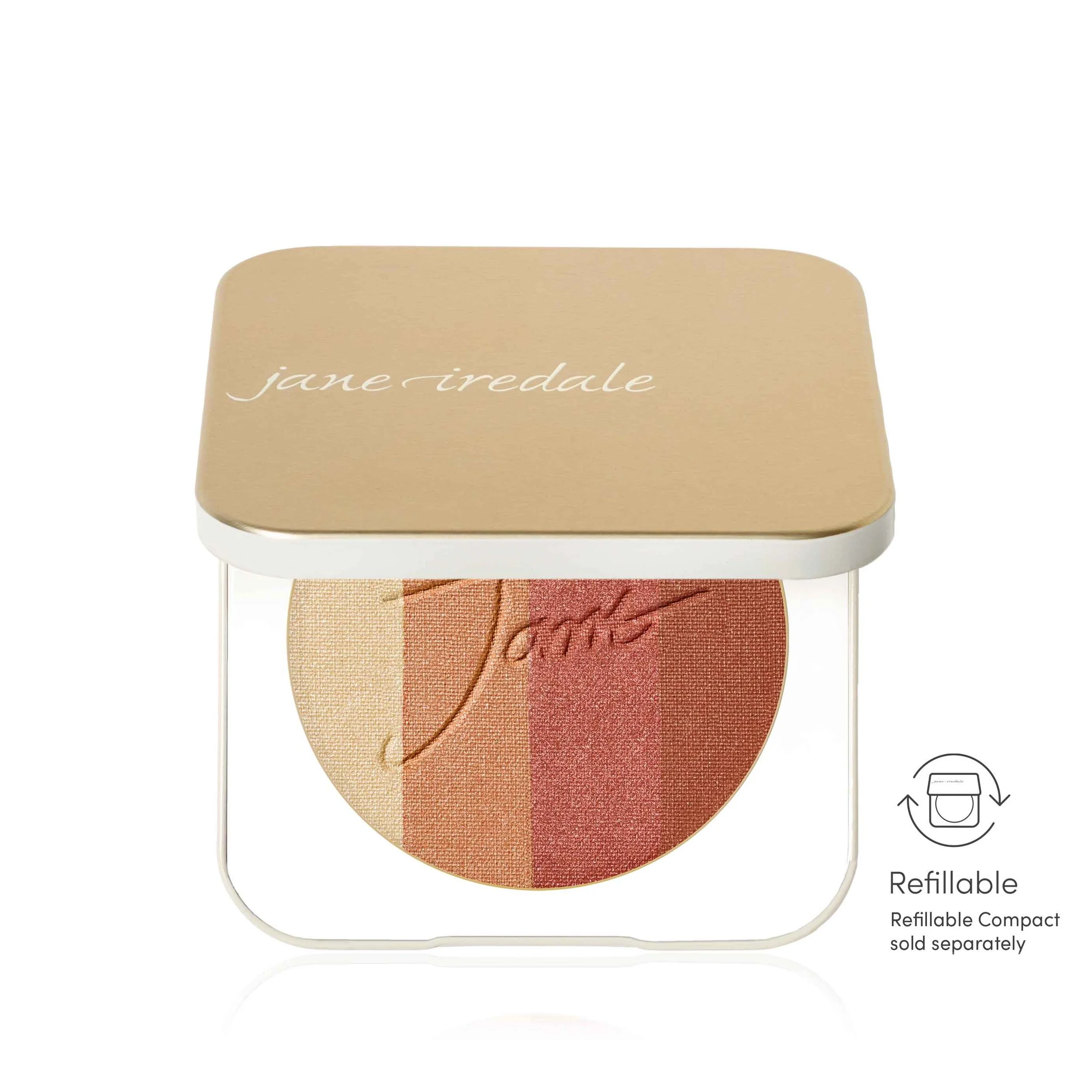 2023_PureBronze_Shimmer_Soldier_CopperDusk_SO_Alt_PDP_5000xwebp – Damara Luxury Spa Vancouver Close-up of a beige Jane Iredale makeup compact lid with the brand name.