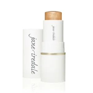 Jane Iredale lip balm stick in a white tube with a wooden-cap top and gold band.