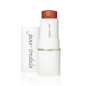 Jane Iredale lipstick in white case with red lipstick exposed, product shot on white background