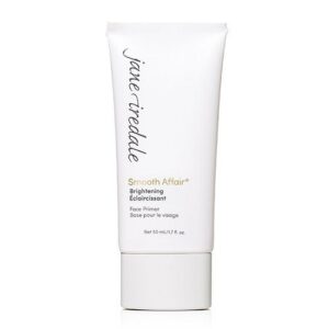 White tube of Jane Iredale Smooth Affair Brightening Face Primer with cursive logo, standing upright.