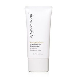 Jane Iredale Smooth Affair Illuminating Glow Face Primer tube, white with black script logo, standing upright (50 ml).