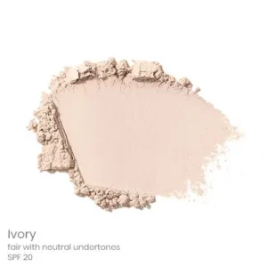 Powder foundation swatch in ivory shade with neutral undertones and SPF 20 on a white background