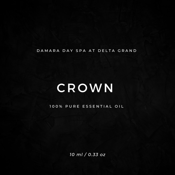 3webp – Damara Luxury Spa Vancouver Brand label for Crown 100% pure essential oil, Damara Day Spa at Delta Grand, 10 ml (0.33 oz).