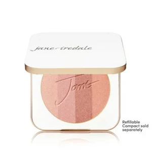 Two-tone pink pressed blush in a white square compact with a gold rim and brand name on the lid.