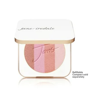 Compact blush palette with pink-peach striped powder inside; white lid shows 'jane iredale' branding, notes 'Refillable compact sold separately'