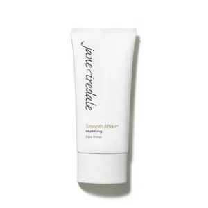 White tube labeled Jane Iredale Smooth Affair mattifying face primer on a white background?