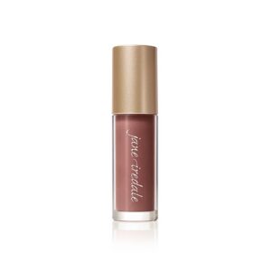Lip gloss bottle in rosy nude shade with a metallic gold cap, labeled Jane Iredale, standing upright.