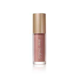 Liquid lipstick in nude-pink shade with a gold cap and clear body, labeled Jane Iredale, on a white background.