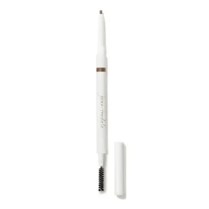 White dual-ended eyebrow pencil with a brow spoolie, cap removed to reveal pencil tip and brush end.