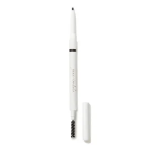 White retractable eyebrow pencil with a small spoolie brush at the end and cap removed.