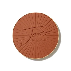 Round bronzer makeup compact with a radial sunburst pattern and embossed 'Bronzer' text in the center