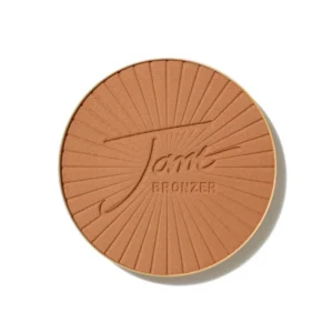 Round bronzer makeup compact with radiating line pattern and embossed logo at center.