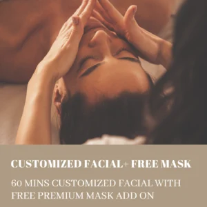 5 1 – Damara Luxury Spa Vancouver Close-up of a person receiving a facial massage, hands on temples; beige promo banner reads 'CUSTOMIZED FACIAL+ FREE MASK' and '$149 (60mins)'.