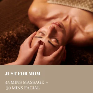 5 – Damara Luxury Spa Vancouver Woman lying on a brown carpet with hands cradling her head; beige ad overlay reads 'JUST FOR MOM' spa package details.