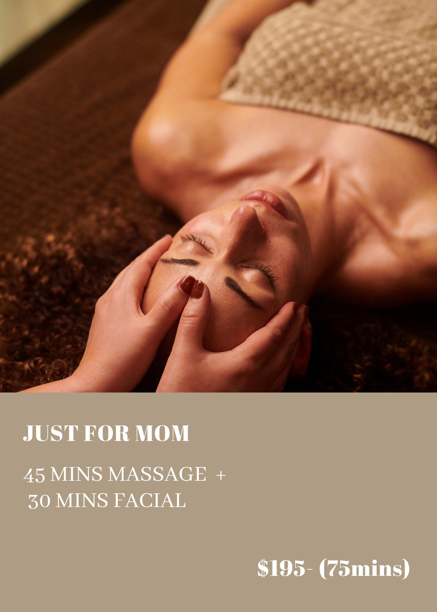 5 – Damara Luxury Spa Vancouver Woman lying on a brown carpet with hands cradling her head; beige ad overlay reads 'JUST FOR MOM' spa package details.