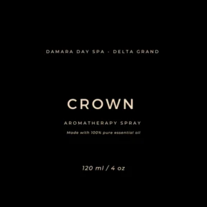 Minimalist black label for Crown Aromatherapy Spray: large 'CROWN', smaller 'Aromatherapy Spray' and 'Made with 100% pure essential oil', 120 ml at bottom.
