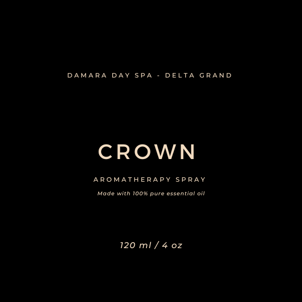 BlackWhiteMasculinePerfumeProductLabelSquare-2webp – Damara Luxury Spa Vancouver Minimalist black label for Crown Aromatherapy Spray: large 'CROWN', smaller 'Aromatherapy Spray' and 'Made with 100% pure essential oil', 120 ml at bottom.