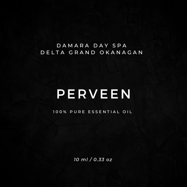 BlackWhiteMasculinePerfumeProductLabelSquarewebp – Damara Luxury Spa Vancouver Label for PERVEEN essential oil by Damara Day Spa, Delta Grand Okanagan; 100% Pure Essential Oil, 10 ml / 0.33 oz, on a dark textured background.