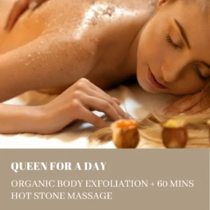 Woman lying face down with glitter on her shoulder during a spa treatment; a flower adorns her hair, and soft promotional text overlays the bottom.