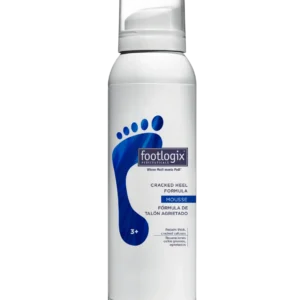 Footlogix Pediceuticals bottle featuring a blue foot logo and 'Cracked Heel Formula' mousse label on a tall white bottle.