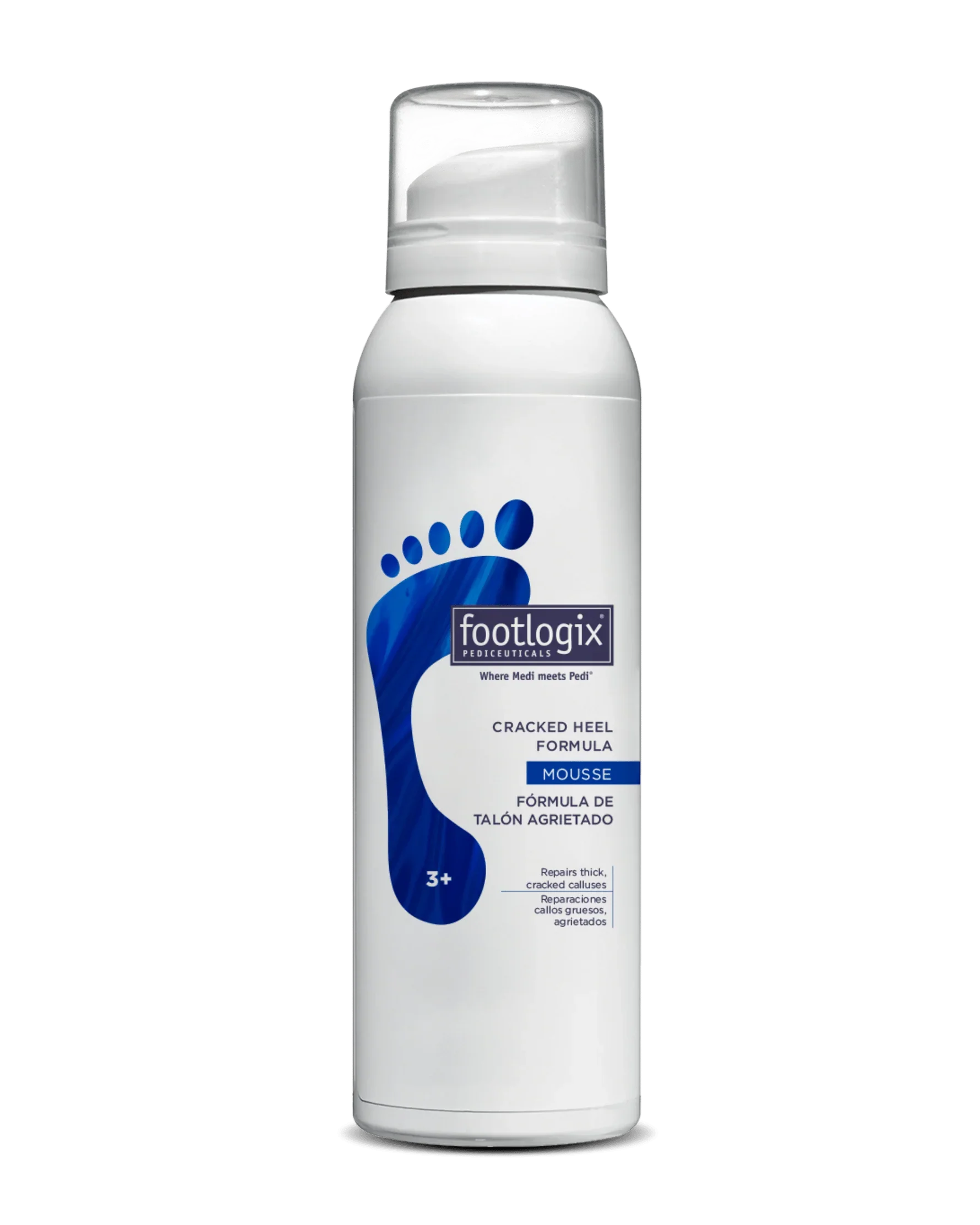 CrackedHeelFormulawebp – Damara Luxury Spa Vancouver Footlogix Pediceuticals bottle featuring a blue foot logo and 'Cracked Heel Formula' mousse label on a tall white bottle.