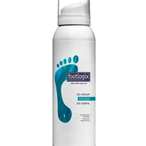 White pump bottle of Footlogix foot care product with teal footprint logo and 'DD Cream' mousse label on the front edge of the bottle.