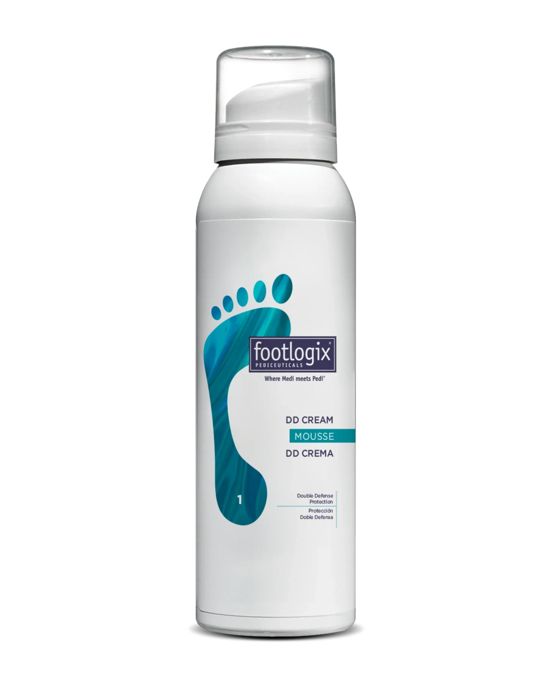 DDMoussee_4287d50d-7b41-4237-a453-e144ba599bacwebp – Damara Luxury Spa Vancouver White pump bottle of Footlogix foot care product with teal footprint logo and 'DD Cream' mousse label on the front edge of the bottle.