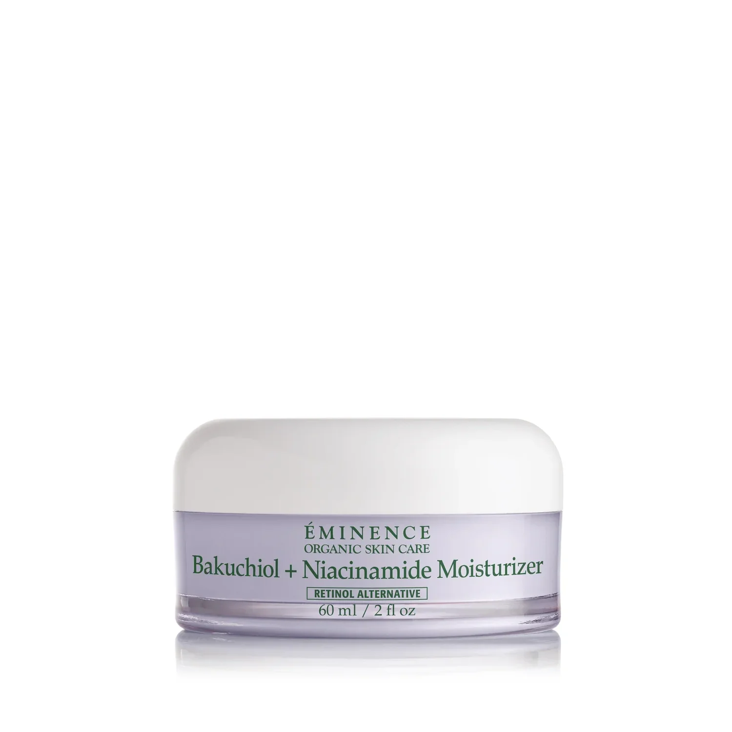 Eminence-Organics-Bakuchiol-Niacinamide-Moisturizer-SQ – Damara Luxury Spa Vancouver White cosmetic jar with a lavender label that reads 'Bakuchiol + Niacinamide Moisturizer' on a reflective surface