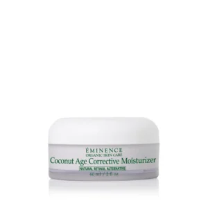 Eminence-Organics-Coconut-Age-Correctve-Moisturizer-SQ – Damara Luxury Spa Vancouver Coconut Age Corrective Moisturizer jar labeled ÉMINENCE Organic Skin Care, Natural Retinol Alternative, 60 ml/2 fl oz