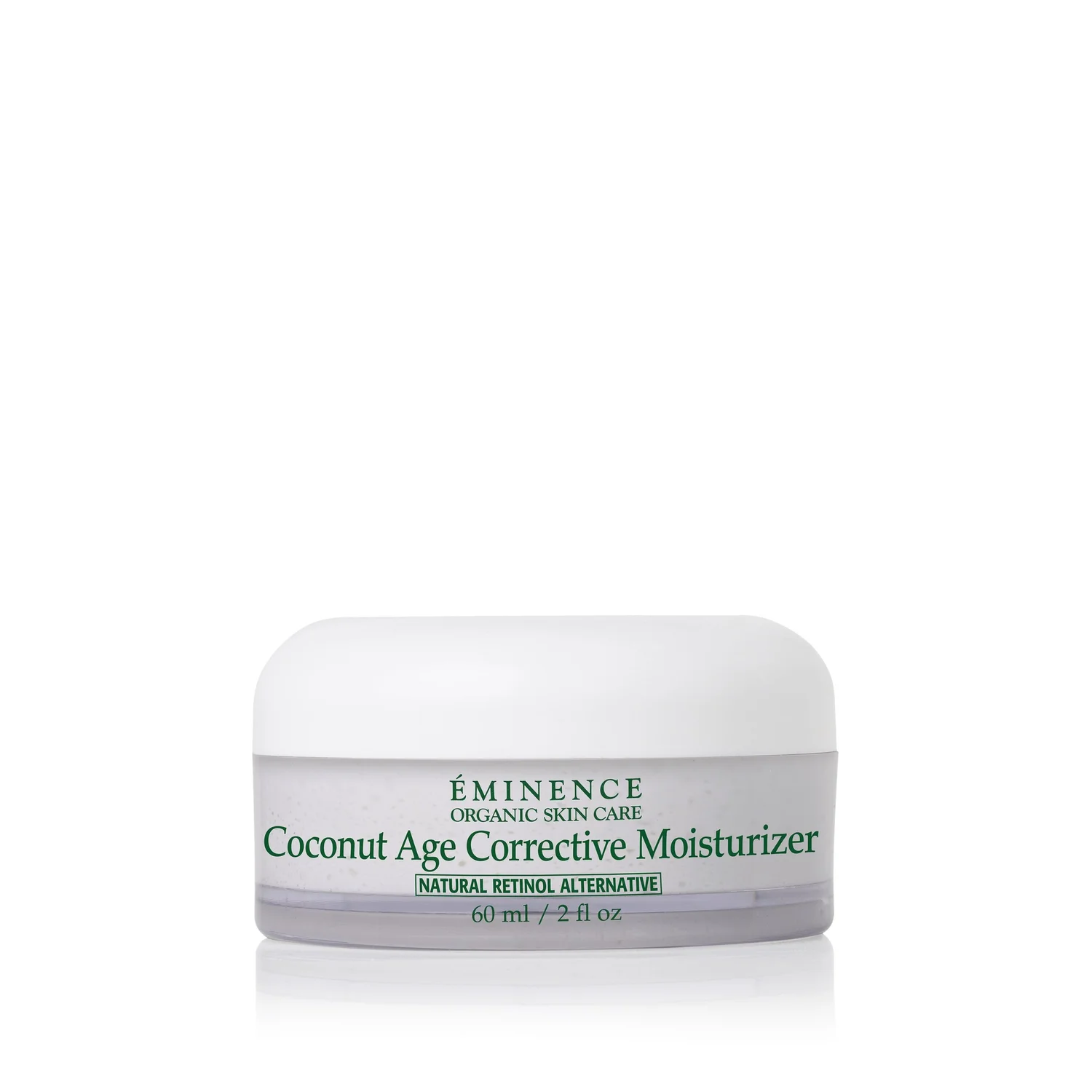 Eminence-Organics-Coconut-Age-Correctve-Moisturizer-SQ – Damara Luxury Spa Vancouver Coconut Age Corrective Moisturizer jar labeled ÉMINENCE Organic Skin Care, Natural Retinol Alternative, 60 ml/2 fl oz