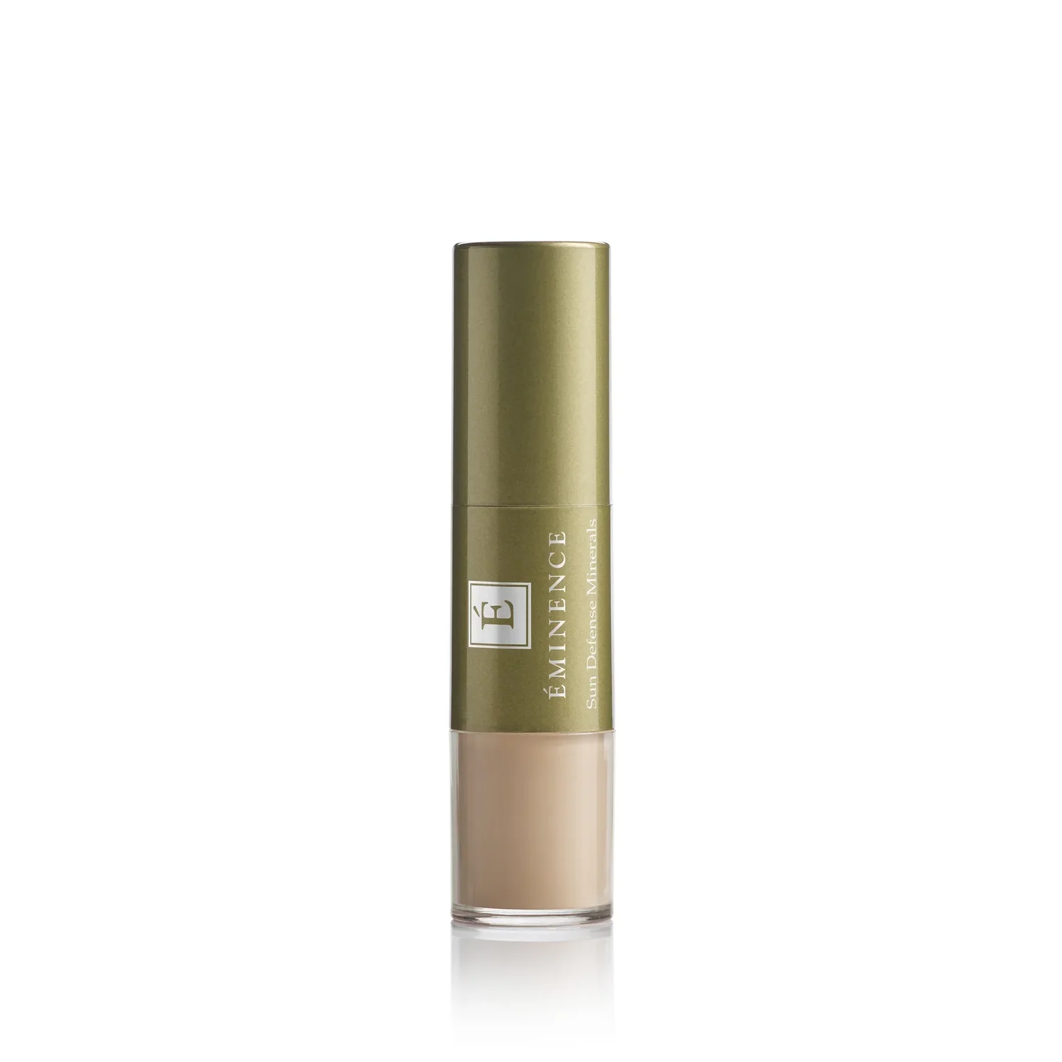Eminence-Organics-SDM-Brush-Closed-Light-SQ – Damara Luxury Spa Vancouver Gold-toned cosmetic concealer stick with beige liquid at the base, labeled Emrice Sun Defense Minerals (foundation/concealer)