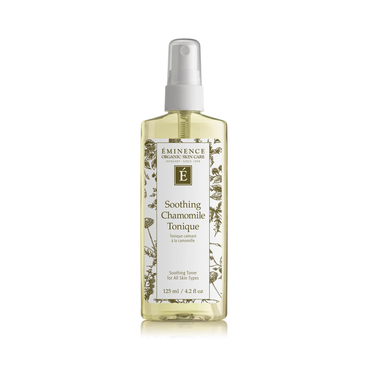 Eminence-Organics-Soothing-Chamomile-Tonique-SQ – Damara Luxury Spa Vancouver Éminence Soothing Chamomile Tonique bottle with spray cap, herbal toner for all skin types, 125 ml