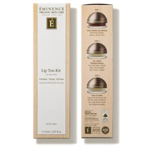 Eminence Organic Skin Care Lip Trio Kit box showing exfoliate, plump, hydrate steps and lip care jars on the right panel (all skin types).