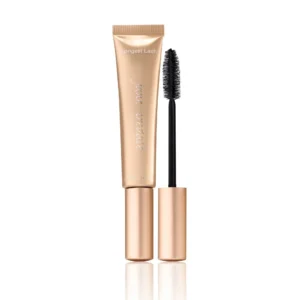Rose-gold mascara tube with a black wand beside it on a white background