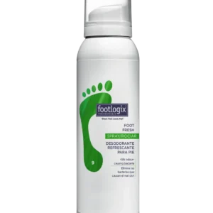 White Footlogix spray bottle with a green footprint graphic and 'Foot Fresh' deodorant label for feet.