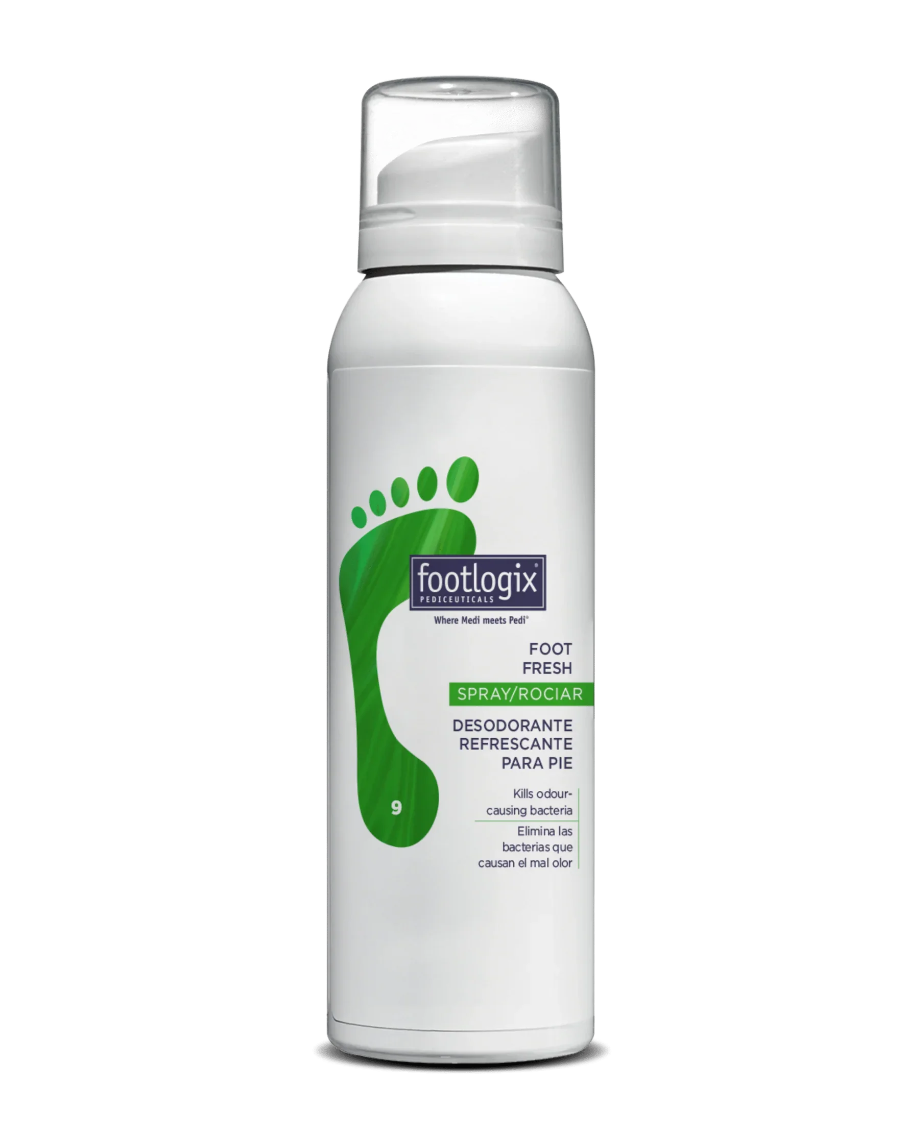 FootFreshFormulawebp – Damara Luxury Spa Vancouver White Footlogix spray bottle with a green footprint graphic and 'Foot Fresh' deodorant label for feet.