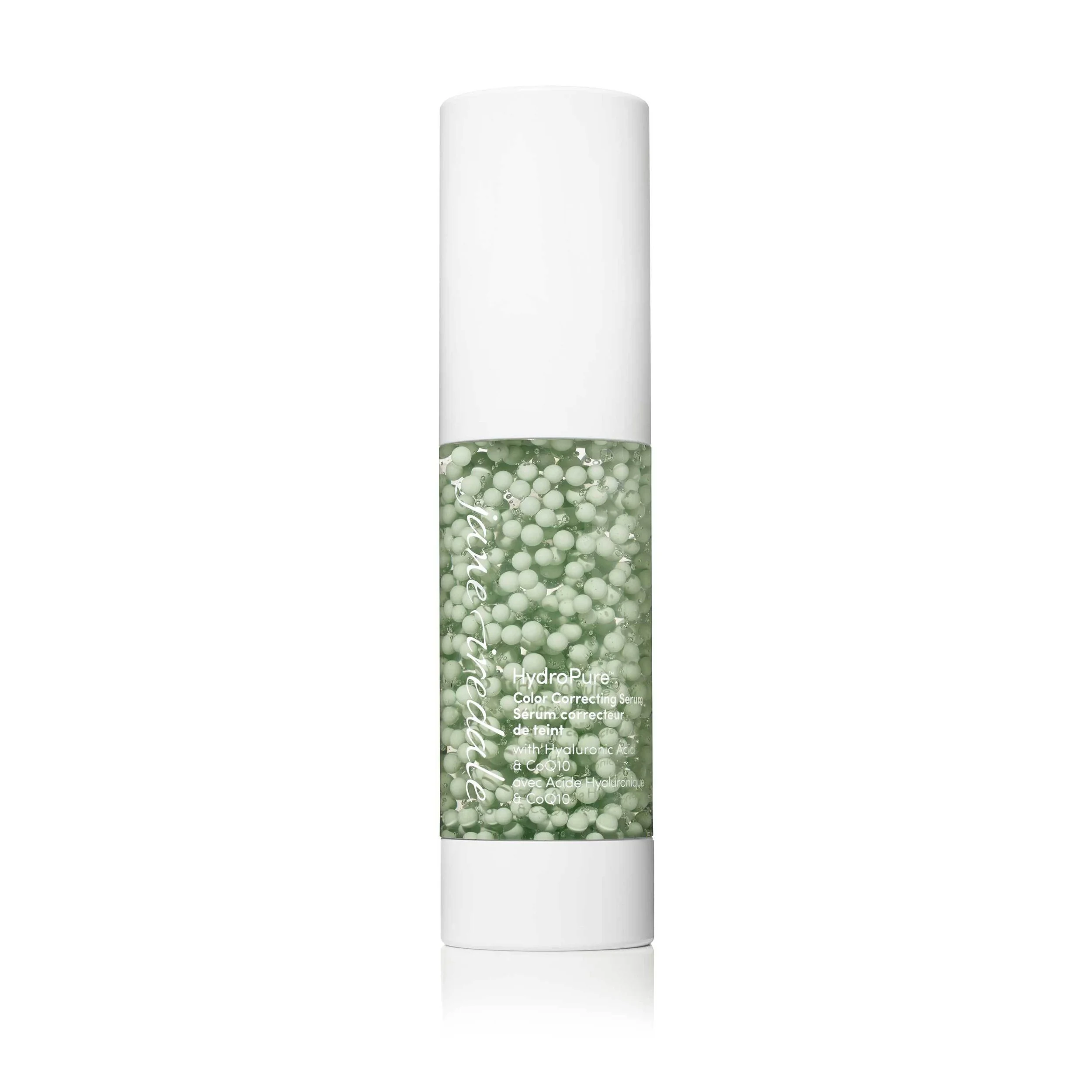 HydroPure1webp – Damara Luxury Spa Vancouver White cosmetic serum bottle with a clear section showing green beads; label reads HydroPure Color Correcting Serum.