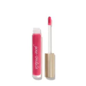 Pink lip gloss tube with a white applicator wand and a gold cap, shown against a white background.