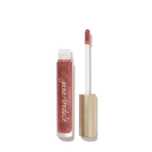 Close-up of a pink glitter lip gloss tube with wand applicator beside it on a white background, angled vertically.
