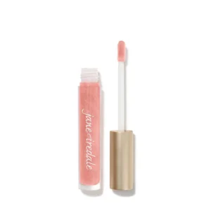 Pink glittery lip gloss tube with a white doe-foot wand beside it on a white background, showcasing a pink shade.