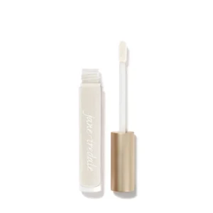 Two lip gloss tubes standing upright on a white background, one with a clear tube and white cap, the other with a metallic bronze cap; the packaging shows cursive text.