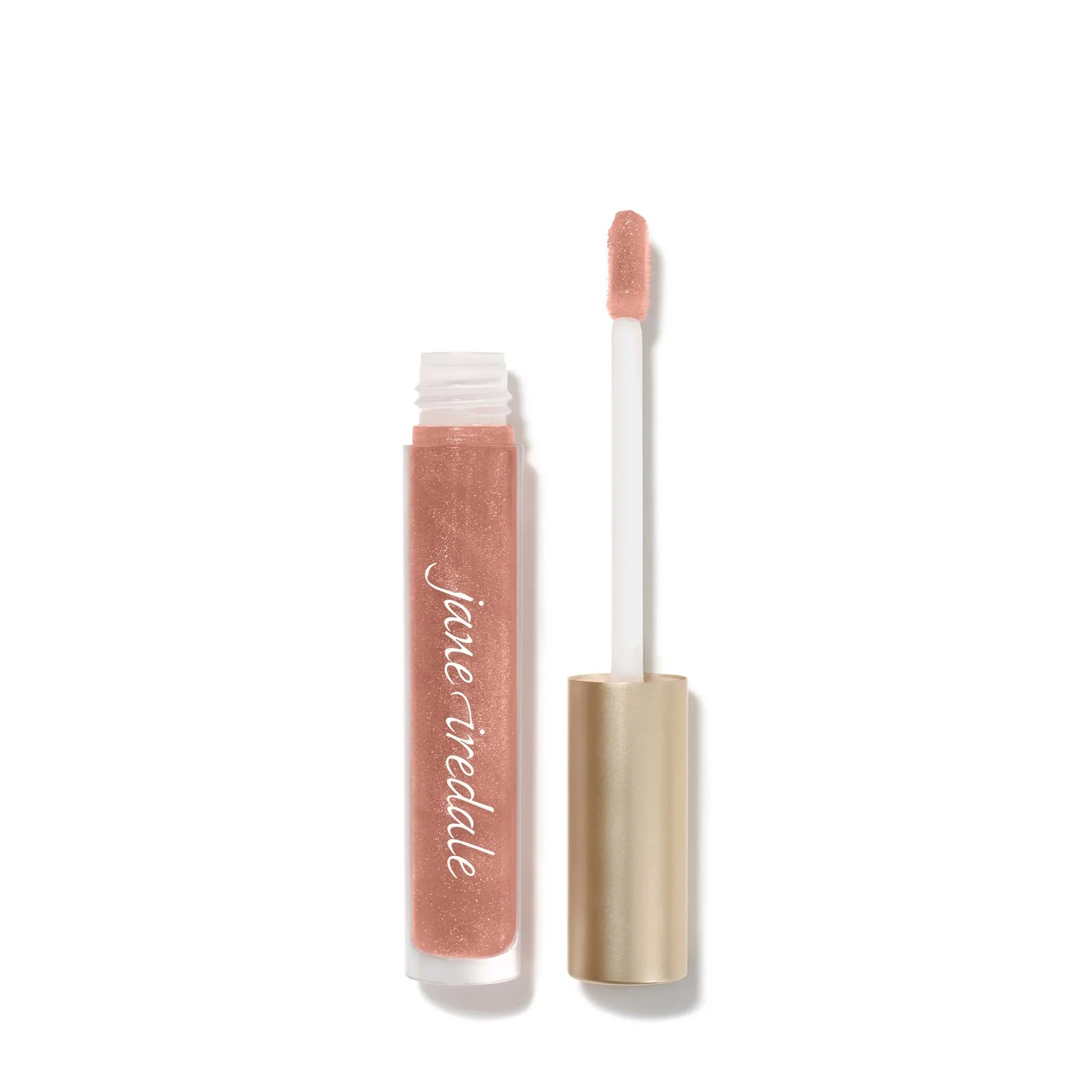 Jane-Iredale-HydroPure-LipGloss-SummerPeach_2048xwebp – Damara Luxury Spa Vancouver Close-up of two nude-pink lip gloss tubes, one with wand applicator showing shimmer on a white background