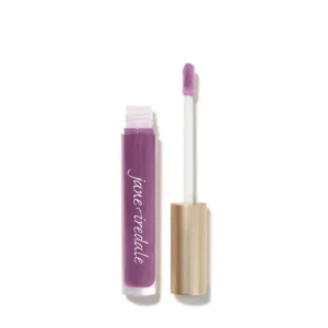 Purple lip gloss tube with wand and open cap on a white background, product ready for use