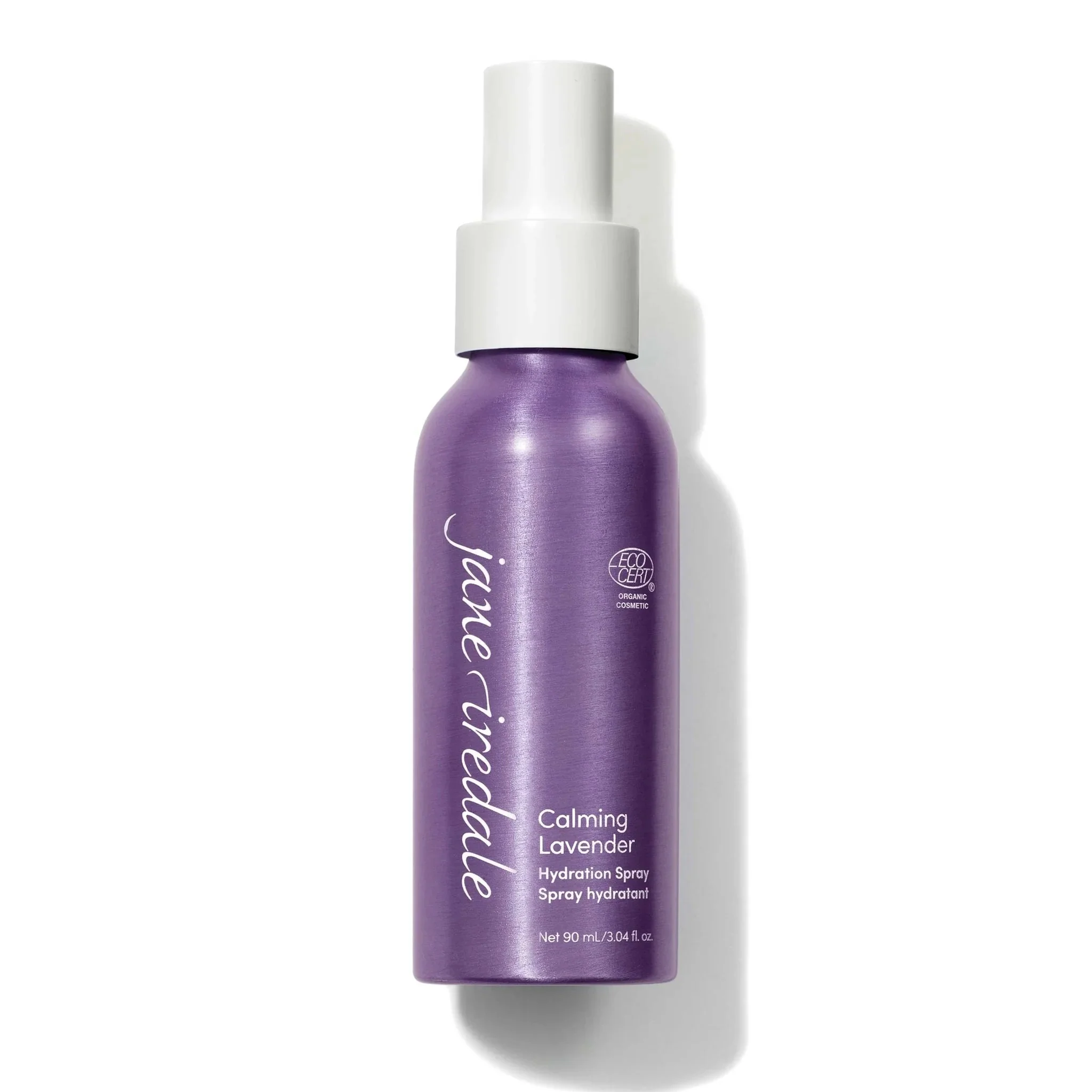 Jane-iredale-HydrationSpray-CalmingLavender_2048xwebp – Damara Luxury Spa Vancouver Purple lavender-hued spray bottle with a white cap and label reading 'Calming Lavender Hydration Spray'.