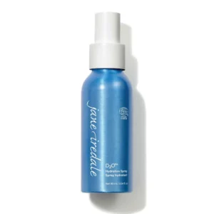 Blue spray bottle with a white nozzle cap, photographed against a white background; bottle labeled D2O Hydration Spray.