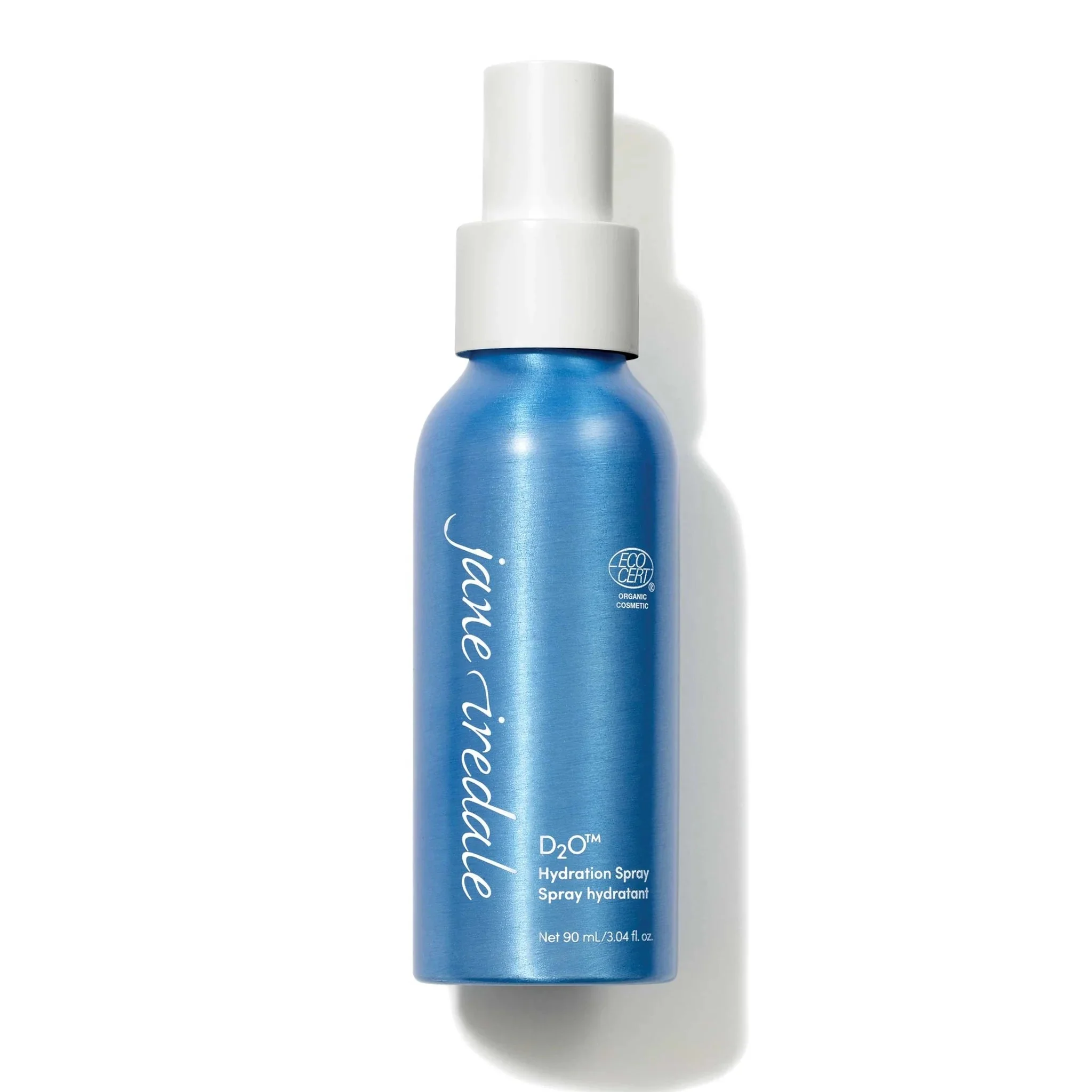 Jane-iredale-HydrationSpray-D2O_2048xwebp – Damara Luxury Spa Vancouver Blue spray bottle with a white nozzle cap, photographed against a white background; bottle labeled D2O Hydration Spray.