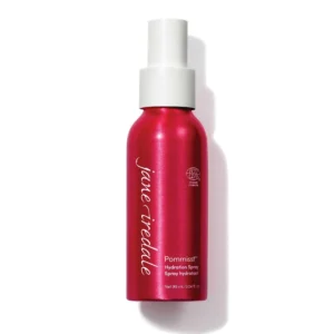 Close-up of a red cosmetic spray bottle with a white cap and visible text reading Hydration Spray (Pommist) on the label.