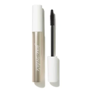 White cylindrical cosmetic bottle paired with a black mascara wand on a white background.