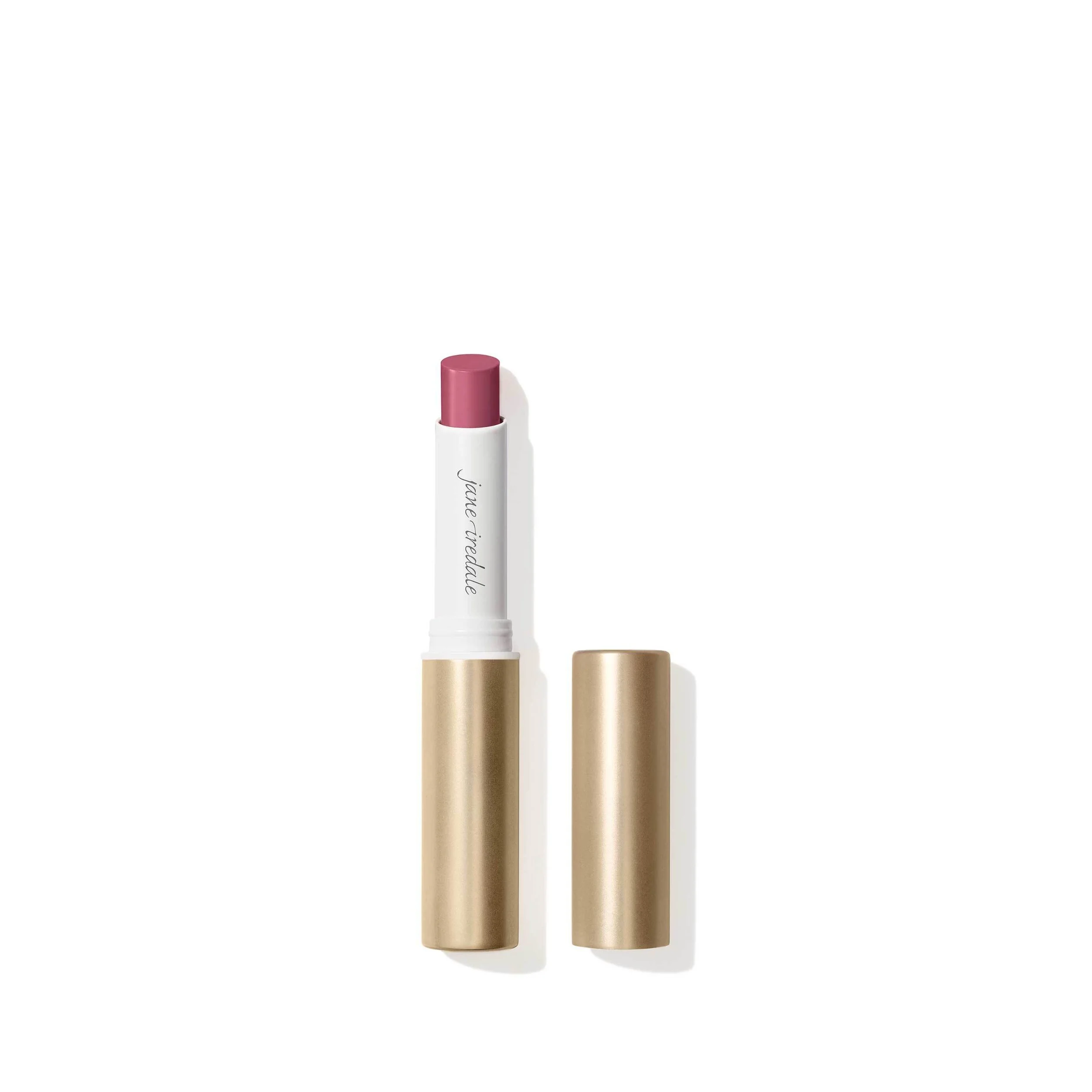 Mulberry01webp – Damara Luxury Spa Vancouver Pink lipstick partially extended from a white case, with gold caps nearby on a white background.